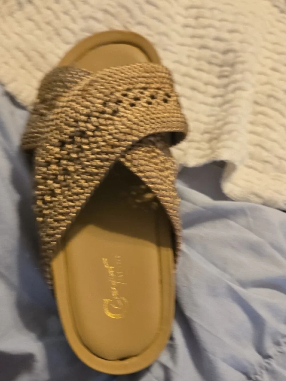 Comfort Cross‑Strap Woven Slide Sandal in Tan